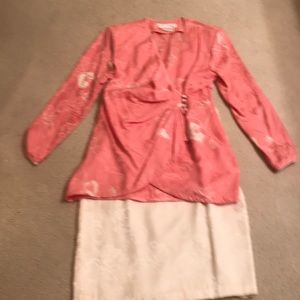 Two Piece Pink and Cream Suit Floral Print Top